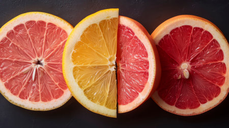 Slices of grapefruit and lemon on a black background.の素材