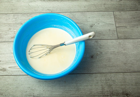 bowl with pancake batter, kitchen, cookingの写真素材