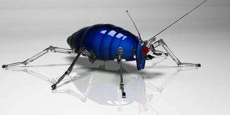 Mechanical cockroach with dark blue by a body and steel feet on a mirror white surfaceの写真素材