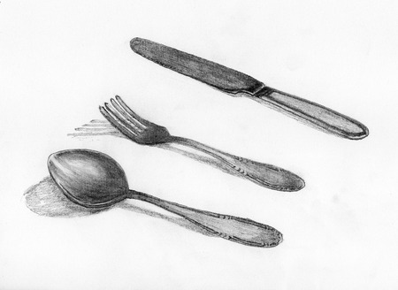 cutlery spoon fork knife on white backgroundの写真素材