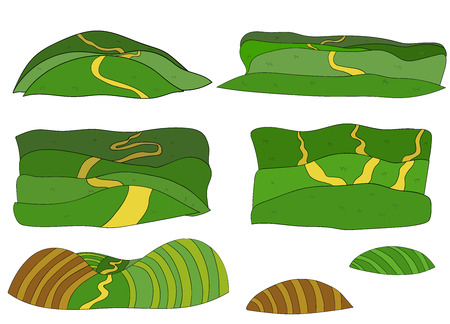Cartoon nature landscape, vector unending background with ground, hills, river and sky layers. Game elemrnts 2のイラスト素材