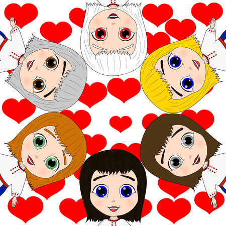 Cute girls vector illustration in ethnic costume on heart backgroundのイラスト素材