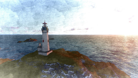 3d rendering Seascape at sunset. Lighthouse on the coastの写真素材
