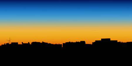 Night City. Vector illustration of apartment blocks in a town at evening.のイラスト素材