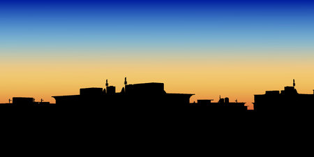 Night City. Vector illustration of apartment blocks in a town at evening.のイラスト素材