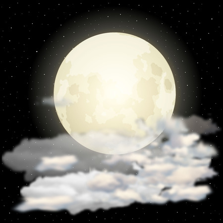 Night background, Moon, Clouds and shining Stars on dark black sky. Vector imageのイラスト素材