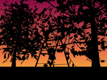 tree with a swing on night stars sky Vector illustration.のイラスト素材