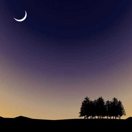 Vector Night time sky, nature landscape with moon and treesのイラスト素材