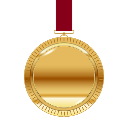Gold medal on red ribbon isolated on white pattern.のイラスト素材