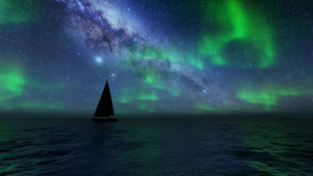 Beautiful northern lights sailboat Sea landscape.の写真素材