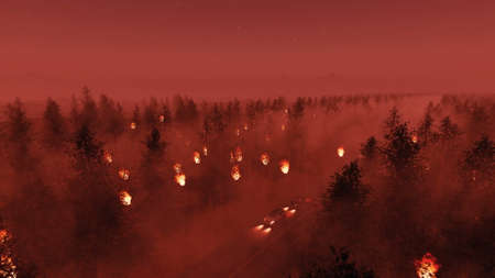 Accident Fire forest traffic cars 3d rendering