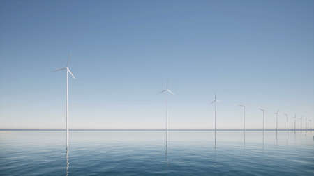 Wind generators farm at sea Construction industry Future technology 3d rendering