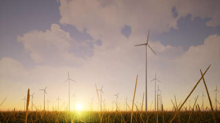 Wind generators farm grass Environmental technology recovery concept 3d rendering