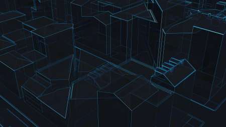 Vintage drawing city Thin neon line town on black 3d renderの写真素材