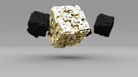 Explosion golden cube in 3d style on grey background Gold dust 3d renderの写真素材