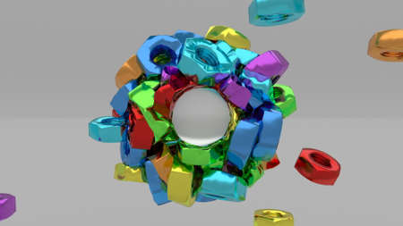 Iron nuts collide under the action of a magnet minimalistic cover 3d render