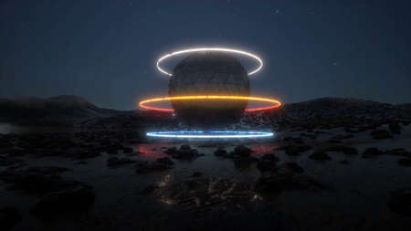 3d neon futurist object on rain planet Modern technology sci fi 3d render