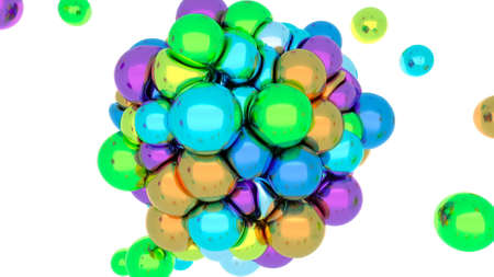 Soft body physics vivid elastic metal balls collide with an iron heart 3d render