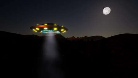 Fantasy UFO and Moon light Future technology Flying spaceship Night stars 3d render