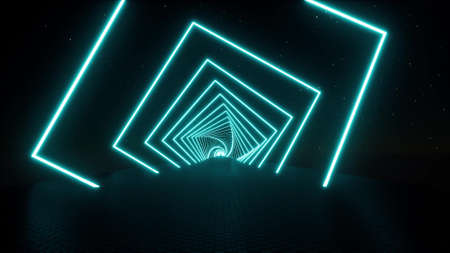 Blue rectangle neon tunnel glowing light tube VJ ar technology 3d renderの写真素材