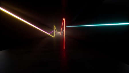 Retro neon color lines corridor dark minimalism 3d renderの写真素材