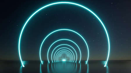 Blue neon circle Futuristic style tunnel starry night 3d renderの写真素材