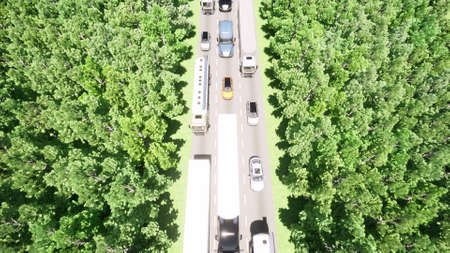 Aerial view with queue of trucks Traffic jam from lorry road 3d renderの写真素材