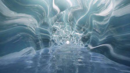 Traveling slowly through blue ice cave on deep frizzy Landscape 3d render