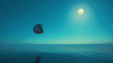 Moon explosion Space exploration Beautiful ocean landscape view Futuristic technology concept Blue...