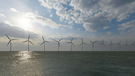 Wind turbines on sea Power electric Green clean renewable energy Blue sky 3d renderの写真素材