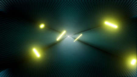 Neon tunnel modern long corridor glow yellow lights futuristic laser 3d render