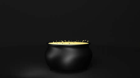 Black iron cauldron bubbling gold Happy Halloween on dark back 3d render