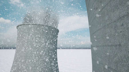 Thermal station pipes work winter snow Smoke from chimneys 3d render