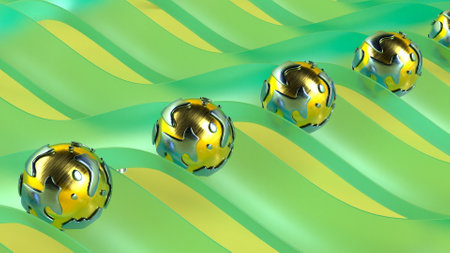 Minimal motion graphics cover design on green metal spheres 3d renderの写真素材