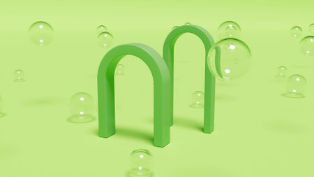 Green arc mockup glass spheres intro 3d render
