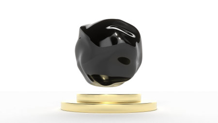 Abstract black organic metaball rotate on gold platform 3d renderの写真素材