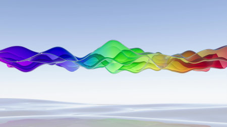 Rainbow color wave on blue sky sea 3d renderの写真素材