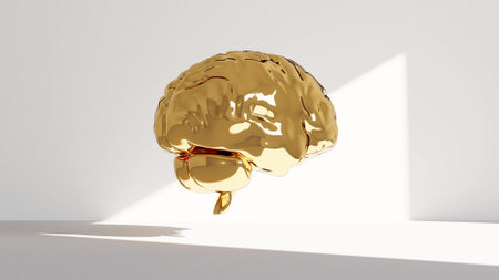 Gold brain in empty room 3d renderの写真素材