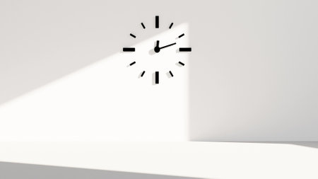 Minimalist clock on a white wall illuminated by the sun 3d render