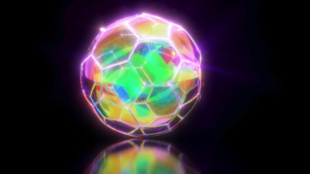 Glow beams Glass football on mirror floor 3d renderの写真素材
