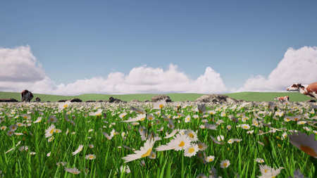 Cows on green field of daisies summer 3d renderの写真素材