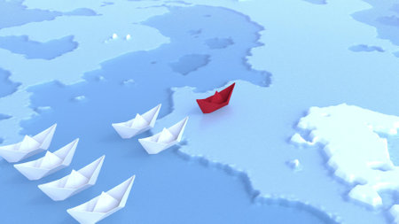 Leadership red boat ship on top follow white boats 3d renderの写真素材