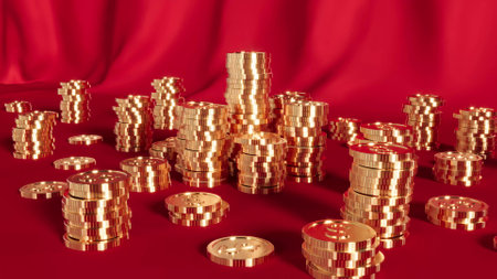 Gold coin money stack on red bg 3d render
