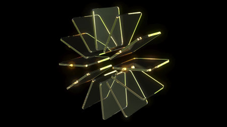 Rectangle Yellow glass lens rotate endless on black bg 3d renderの写真素材