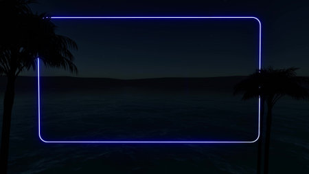 Blue Neon rectangle tropical nature palm tree sea ocean night 3d renderの写真素材