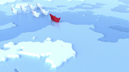 Leadership red boat paper solution concept follow white boats 3d renderの写真素材