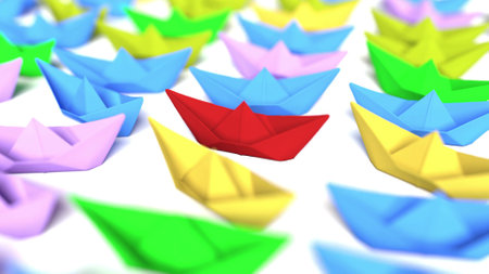 Color paper boats leadership 3d renderの写真素材