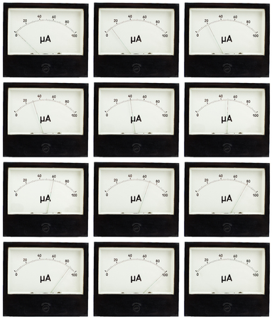 Black square analog ampermeters isolated on white background with different readings on scale.の写真素材