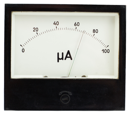 Black square analog ampermeters isolated on white background with 68 uA reading on scale.の写真素材