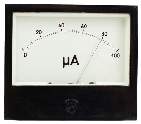 Black square analog ampermeter isolated on white background with 80 uA reading on scale.の写真素材